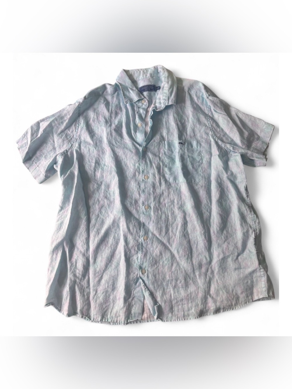 Vineyard Vines Mens XL Linen SS Button Shirt Bermuda Turquoise Stripe Pink Beach